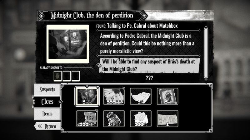 Inventario de Pistas y Objetos Pantalla de inventario mostrando pistas, testimonios y objetos recolectados como la nota sobre Midnight Club.