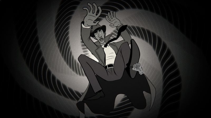 Efecto del Bucle Temporal El detective cayendo en un vórtice en espiral al reiniciarse el ciclo diario e ingresar al Limbo.