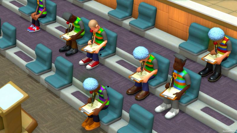Capacitación de Personal y Pacientes Grupo de personajes vestidos como payasos sentados en una sala de capacitación llenando formularios en carpetas con sujetador.