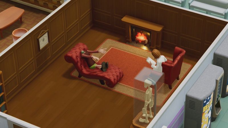 Consulta de Psiquiatría en el Hospital Un paciente acostado en un diván rojo frente a una chimenea mientras una psiquiatra toma notas en un sillón.