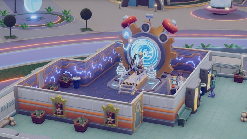 Viajes Temporales en A Stitch in Time Una sala especial con un enorme portal temporal con engranajes e impulsos eléctricos de la expansión A Stitch in Time.