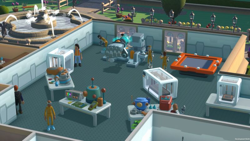 Laboratorio de Investigación y Desarrollo Un laboratorio de investigación con impresoras 3D, mesas con piezas electrónicas y científicos trabajando con batas amarillas.