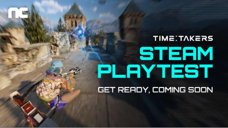 TIME TAKERS NC Steam Playtest Captura de pantalla del videojuego TIME TAKERS en la que un personaje en perspectiva de tercera persona apunta una arma futurista en una calle empedrada entre edificios medievales, acompañada del texto "TIME TAKERS STEAM PLAYTEST GET READY, COMING SOON" y el logotipo de NC.