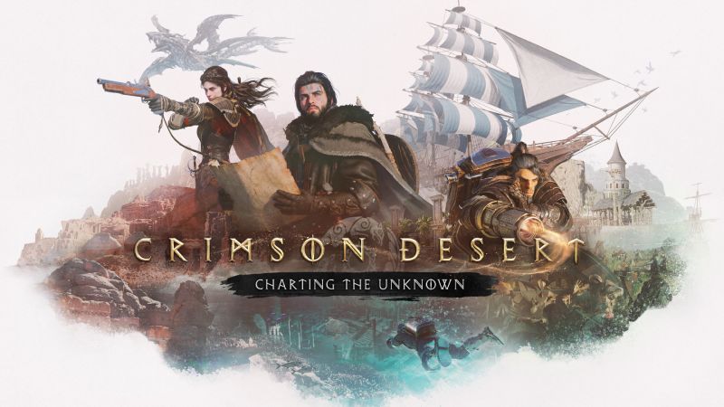 "Crimson Desert Enhanced: Charting the Unknown" Key Art Key Art horizontal oficial de "Crimson Desert Enhanced: Charting the Unknown" con Kliff sosteniendo un mapa, Damiane apuntando con un arma de fuego, Oongka operando un cañón, un gran barco de vela y un buzo sumergido en el océano.