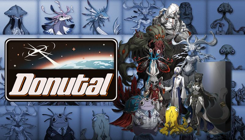 Donutal Aventura e Interrogatorio de Alienigenas Arc System Works Ilustración principal del videojuego Donutal mostrando el logotipo sobre un mapa de la Tierra y una variedad de criaturas extraterrestres de distintos aspectos, colores y vestimentas.