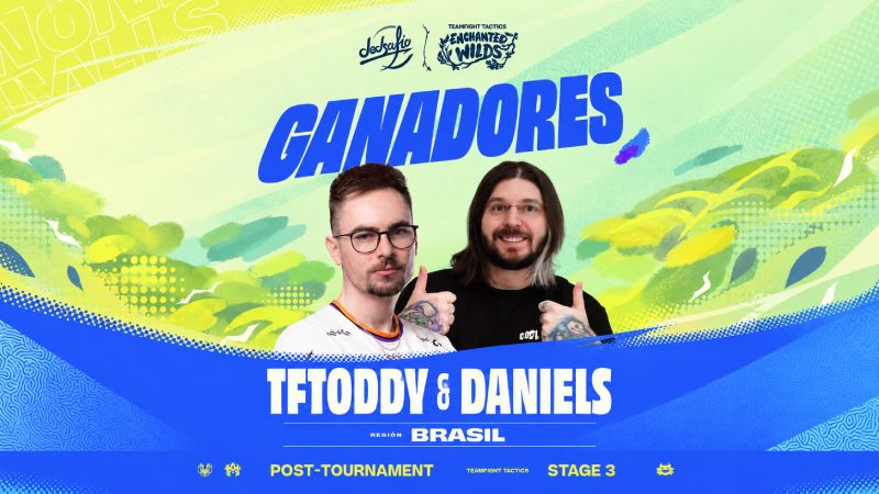 Retrato de los competidores TFToddy y Daniels haciendo un gesto de aprobación sobre un fondo verde y azul con el texto GANADORES, el logotipo de Dedsafío, Enchanted Wilds y la bandera de Brasil.