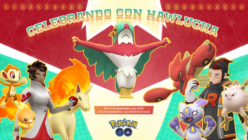 Evento Celebrando con Hawlucha en Pokémon GO Ilustración oficial del evento Celebrando con Hawlucha. Al centro destaca la criatura Hawlucha con alas desplegadas. Del lado izquierdo aparece la líder Candela acompañada por Chimchar, Torchic y Rapidash. Del lado derecho se observa a Arlo junto a Scizor, Sneasel de Hisui y Mankey.