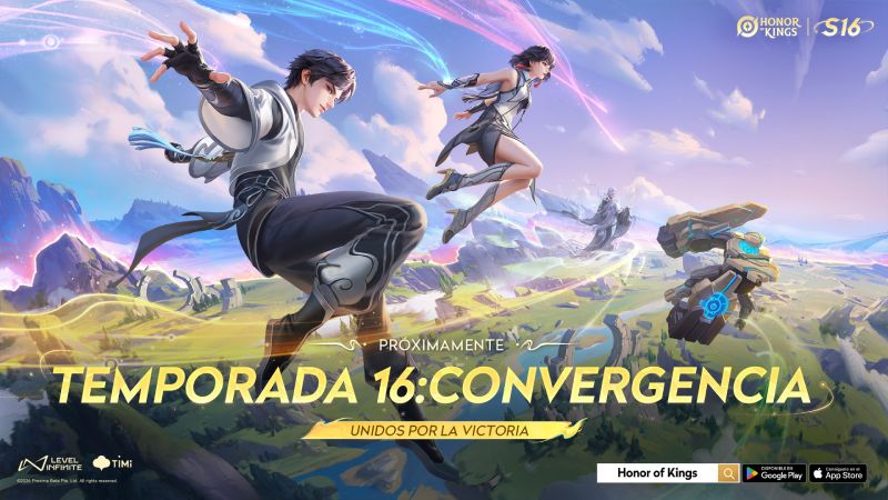 Honor of Kings presenta la Temporada 16 Convergencia Arte promocional de la Temporada 16: Convergencia de Honor of Kings. Muestra a dos personajes jóvenes de estética anime flotando y realizando acrobacias aéreas sobre un paisaje montañoso iluminado con rastros de energía mágica azul y dorada. En el centro aparece el texto "TEMPORADA 16: CONVERGENCIA" sobre un fondo brillante.