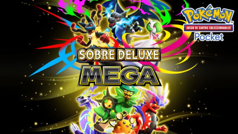 JCC Pokémon Pocket presenta el Sobre Deluxe Mega Arte promocional oficial del sobre de mejora especial Sobre Deluxe MEGA de Pokémon Pocket. En la parte superior destacan Mega-Lucario, Mega-Charizard X y Mega-Gardevoir rodeados de destellos de colores. En el centro se muestra el logotipo "SOBRE DELUXE MEGA" en letras doradas y metálicas. En la sección inferior aparecen Ogerpon en sus formas máscara, Miraidon, Koraidon y Dedenne.