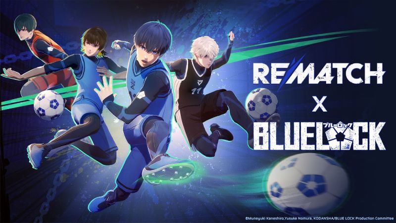 Rematch presenta su colaboración con el anime Blue Lock Imagen promocional del evento Rematch x Blue Lock. Muestra a cuatro personajes estilizados del anime Blue Lock (Rin Itoshi, Meguru Bachira, Yoichi Isagi y Seishiro Nagi) ejecutando poses dinámicas de remate de fútbol sobre un fondo azul con destellos y balones en movimiento. Del lado derecho destaca el texto "REMATCH X BLUE LOCK".