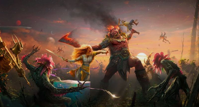 God of War Laufey Faye Combate Gigante Ilustración artística oficial en tonos cálidos de atardecer, mostrando a la guerrera Faye sosteniendo una espada contra un enorme gigante rojo de armadura oriental con cara de máscara y espada en llamas, rodeados de criaturas fantásticas, flores espinosas y destellos de magia.