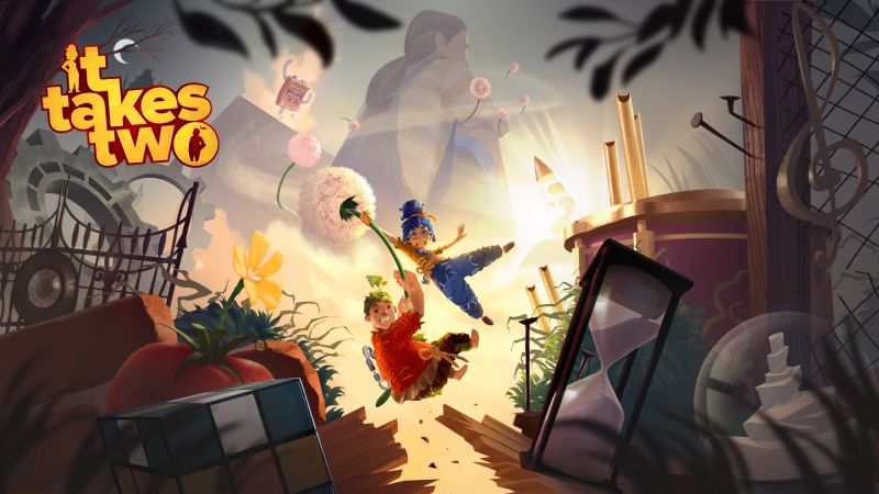 It Takes Two Nintendo Switch 2 Ilustración promocional de It Takes Two mostrando a Cody y May en una escena de acción cooperativa en miniatura.