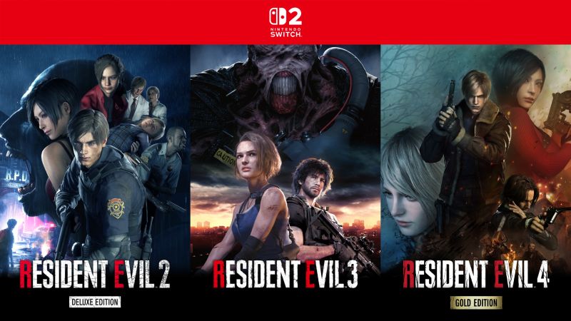 Resident Evil Trilogia Remake Switch 2 Arte oficial con los personajes principales de Resident Evil 2, Resident Evil 3 y Resident Evil 4 Gold Edition reunidos.