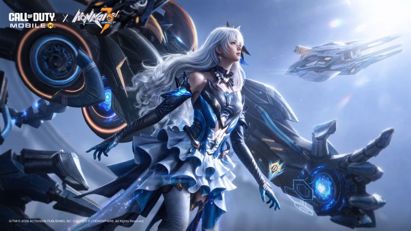 Kestrel como Herrscher of Reason Arte clave de Kestrel vestida como Herrscher of Reason con vestuario azul y blanco futurista rodeada de armamento pesado flotante y tecnología mecha.