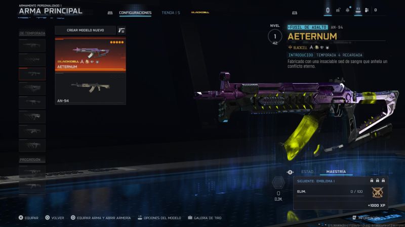 Proyecto de Arma Aeternum para el AN-94 Vista previa en la armería del fusil de asalto AN-94 con el proyecto de arma Aeternum de la colección BlackCell, con acabados metálicos en morado y cargador amarillo neón.