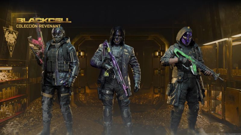 Colección Revenant de BlackCell Colección completa de operadores Revenant de BlackCell alineados con máscaras, trajes tácticos nocturnos y acentos en violeta y oro.
