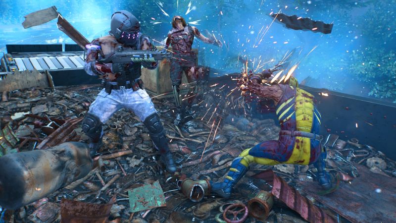 Wolverine atacando salvajemente a soldados armados sobre una plataforma metálica repleta de escombros, Chispas y sangre.