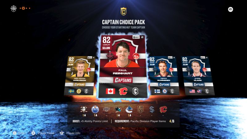 Interfaz del modo Hockey Ultimate Team mostrando la selección de paquetes de cartas de capitanes en el centro de la pantalla.