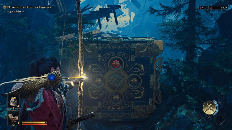 Uso del Arco Oni para resolución de acertijos Vista en primera persona apuntando un Arco Oni dorado con una flecha brillante hacia un mecanismo en forma de caja ornamental antigua con glifos demoníacos.