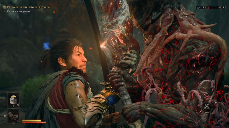 Enfrentamiento directo contra un enemigo Genma Encuentro cercano en tiempo real donde Musashi bloquea con su katana el impacto directo de un enorme garrote biológico de un jefe demoníaco cubierto de tentáculos rojos.