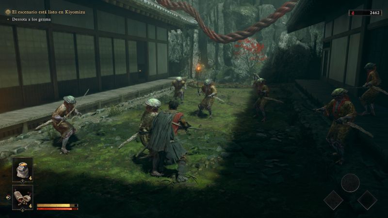 Combate contra grupos de enemigos en un templo Musashi enfrentándose a un grupo numeroso de enemigos Genma vestidos con armaduras samurái en el patio de un templo tradicional japonés iluminado por la luz del día.