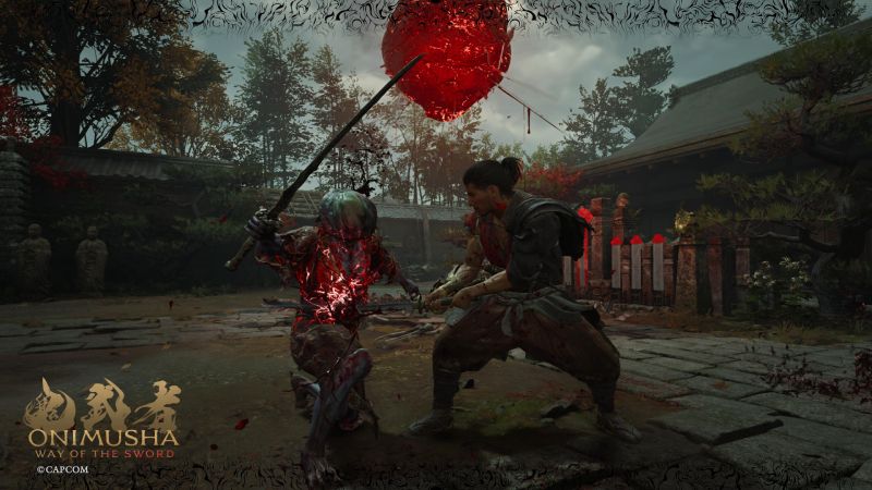 Ejecución de un ataque crítico Issen Captura cinematográfica en la que Musashi atraviesa a un demonio Genma con su katana mientras una gran masa de energía roja flota sobre ellos.